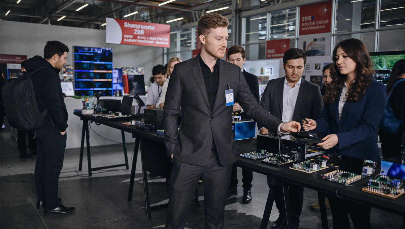Elektronica beoordelen op een technologiebeurs in Shenzhen